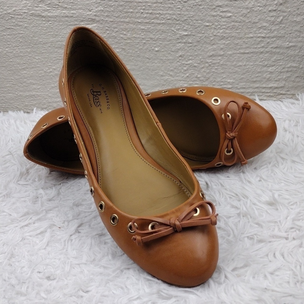 G.H. Bass Rachel Cognac Faux Leather Bow Detail Almond Toe Slip On Flat Loafer